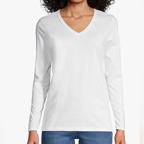 Lands'End 2XL White Relaxed 100% SUPIMA COTTON Lngslvs V-neck Women T-shirt PERU - Picture 3 of 8